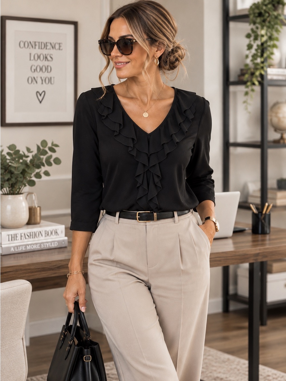 White House Black Market Ruffle V-Neck Top — XL